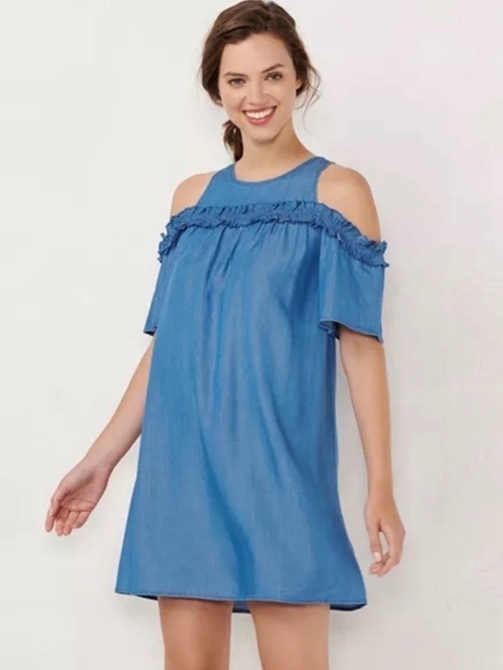 LC Lauren Conrad Denim Blue Ruffle Cold-Shoulder Top
